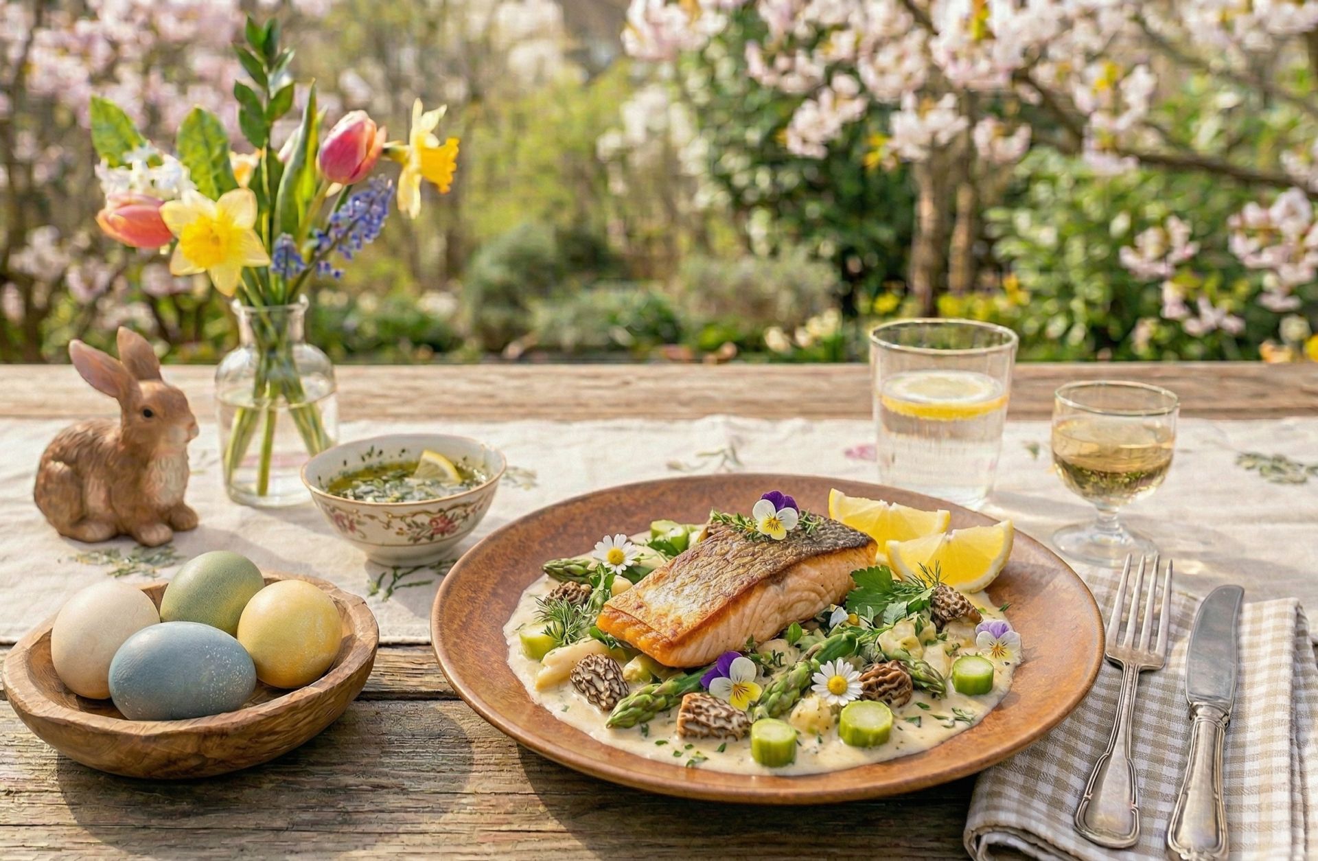 Spargel-Morchel-Ragout mit Saibling