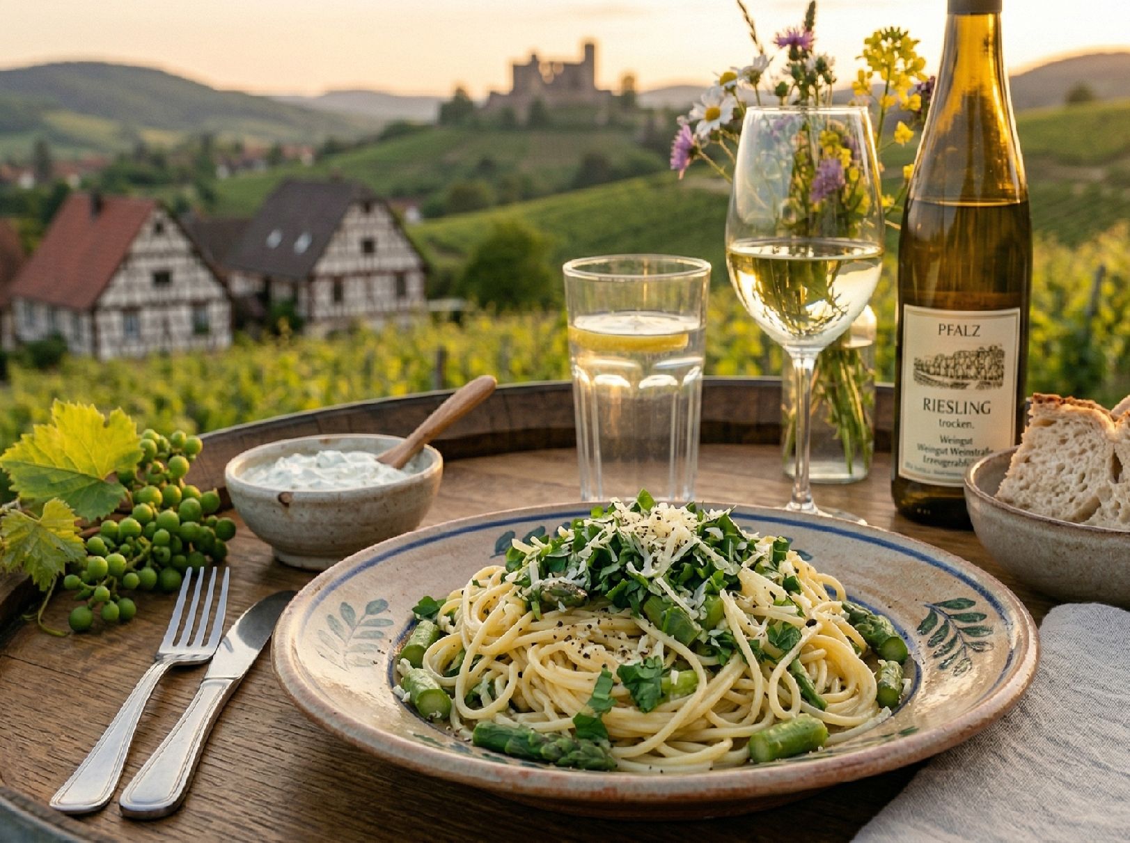 Spaghetti mit Brunnenkresse und Spargel