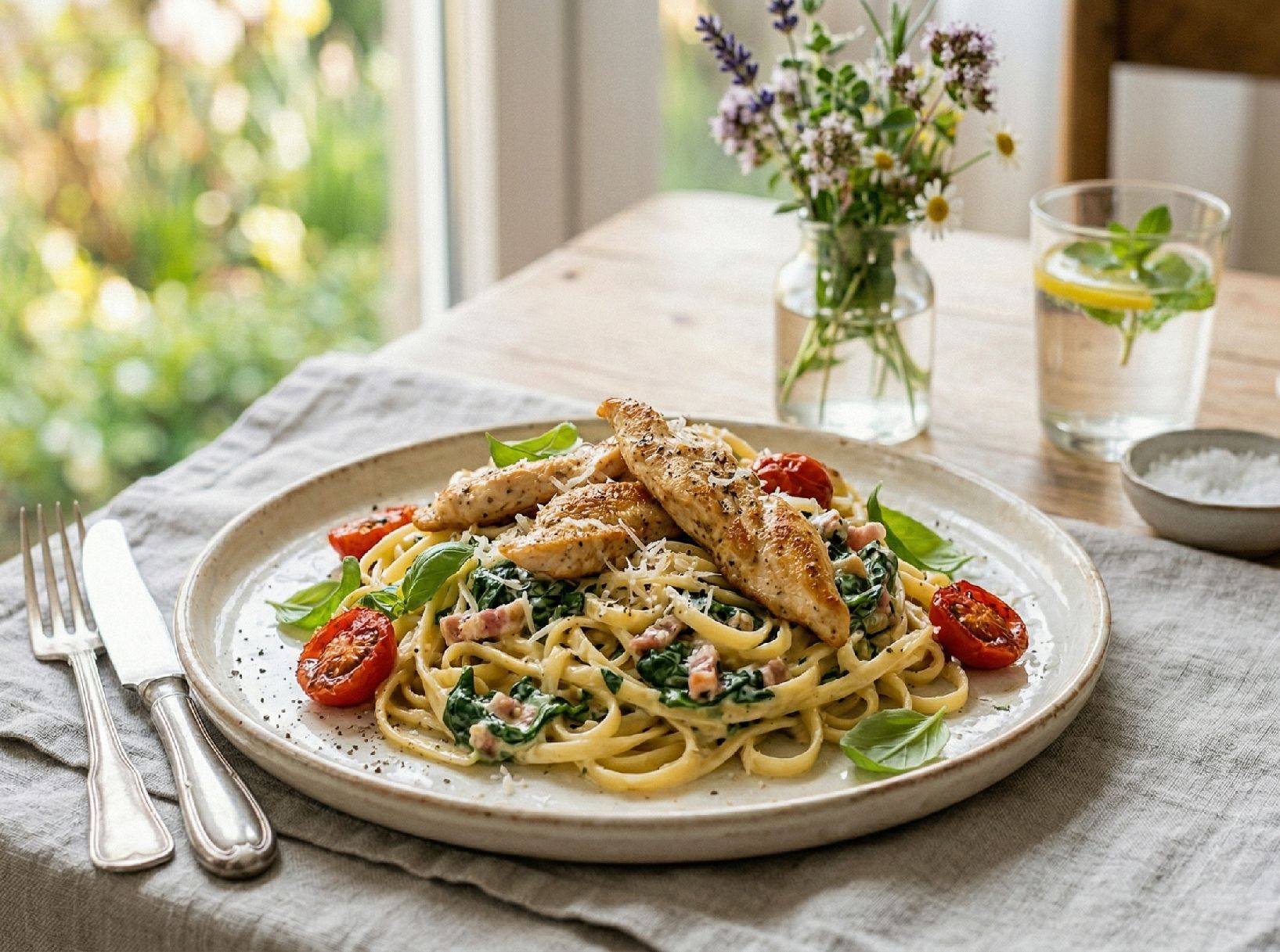 Linguine mit Spinat-Carbonara und Hähnchenbrust