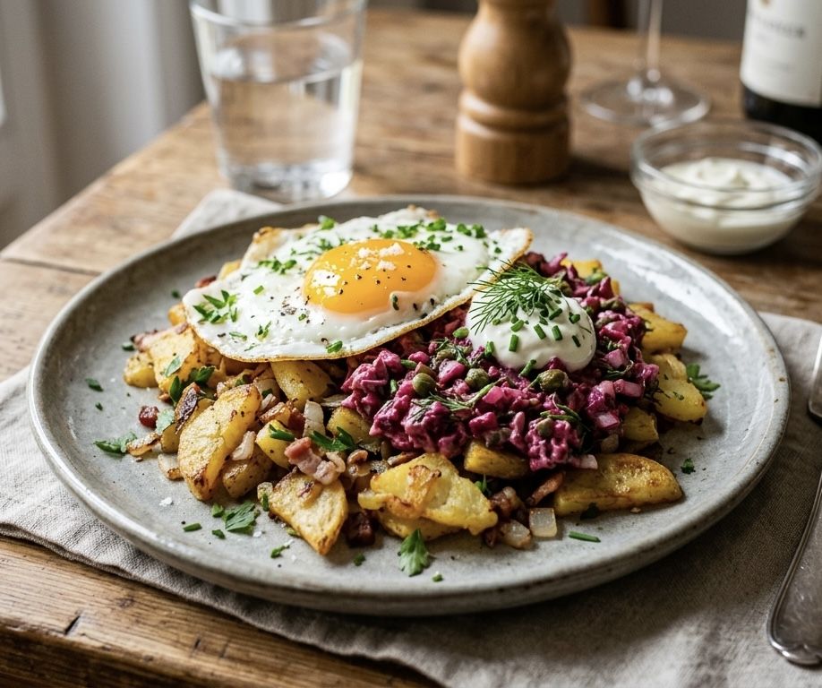 Bratkartoffeln mit Rote-Bete-Tatar und Spiegelei