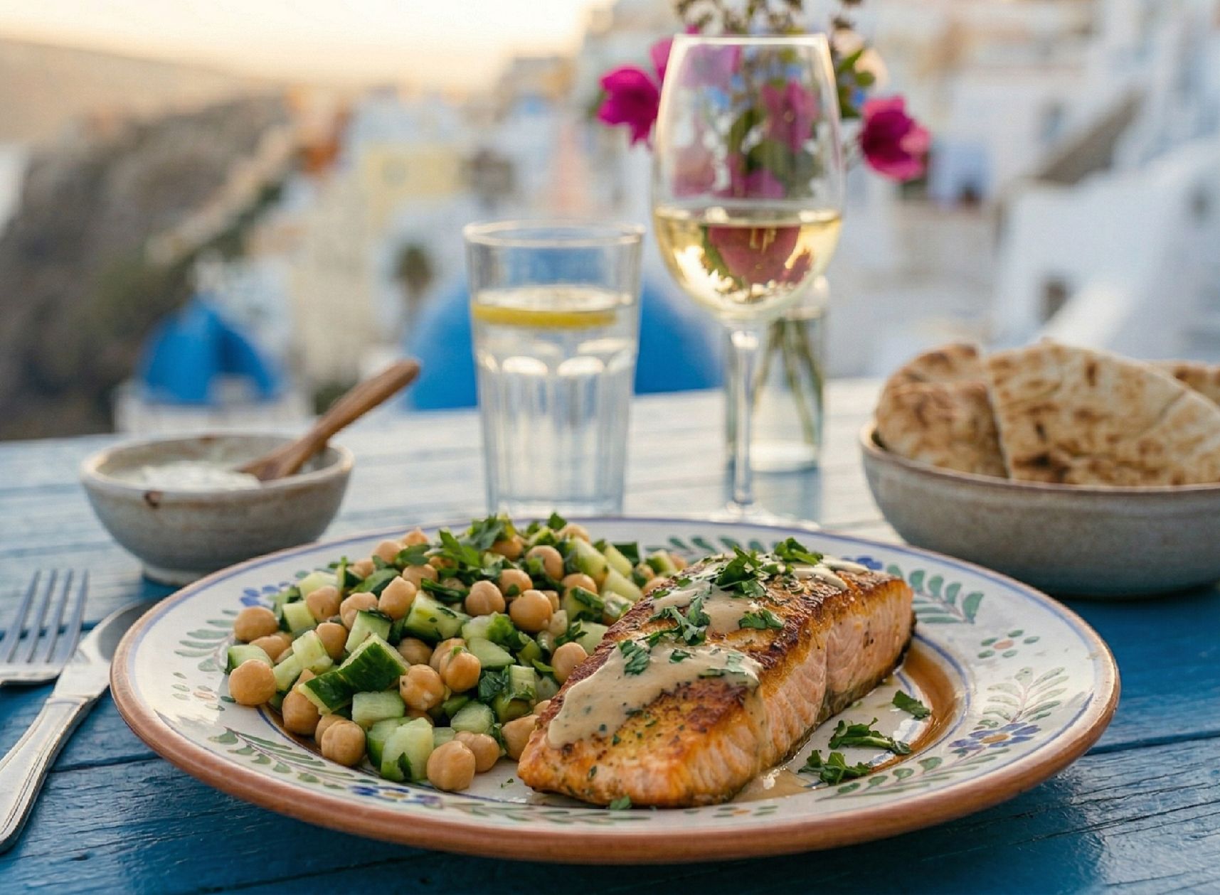 Lachs mit Kichererbsen-Gurken-Gemüse