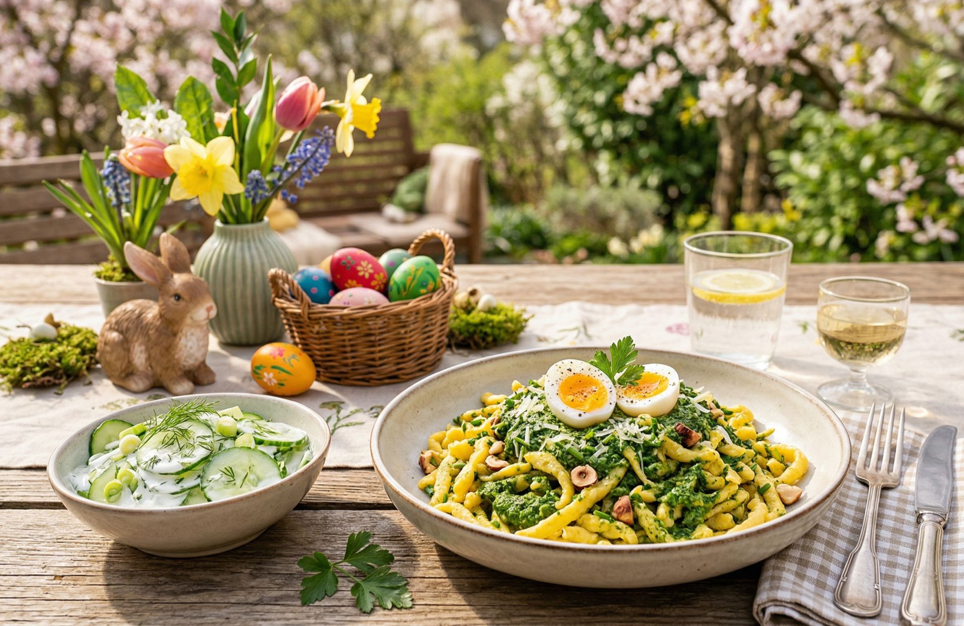 Frankfurter Grünes Pesto mit Eierspätzle & Gurkensalat