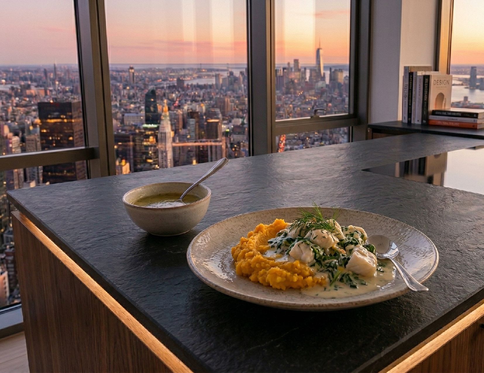 Fisch-Spinat-Ragout mit Möhren-Kartoffelstampf