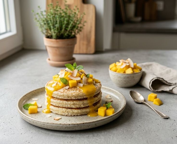 Kokos-Grieß-Pfannkuchen mit Mango