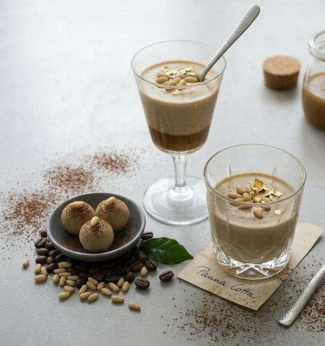 Kaffee-Panna-cotta mit Pinienkern-Karamellsauce