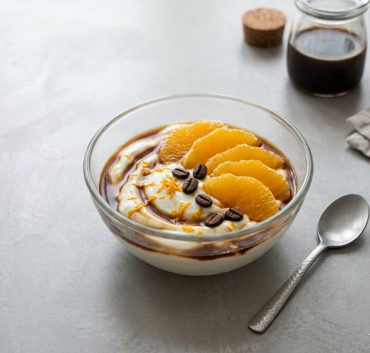Rezept für Joghurt mit Kaffeesirup und Orangen