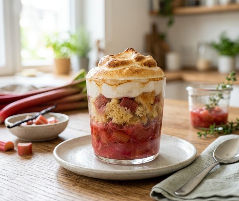 Rezept für Rhabarber-Baiser-Auflauf im Glas