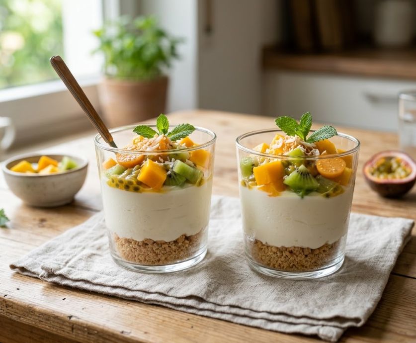 Cheesecake-Creme im Glas mit exotischen Früchten