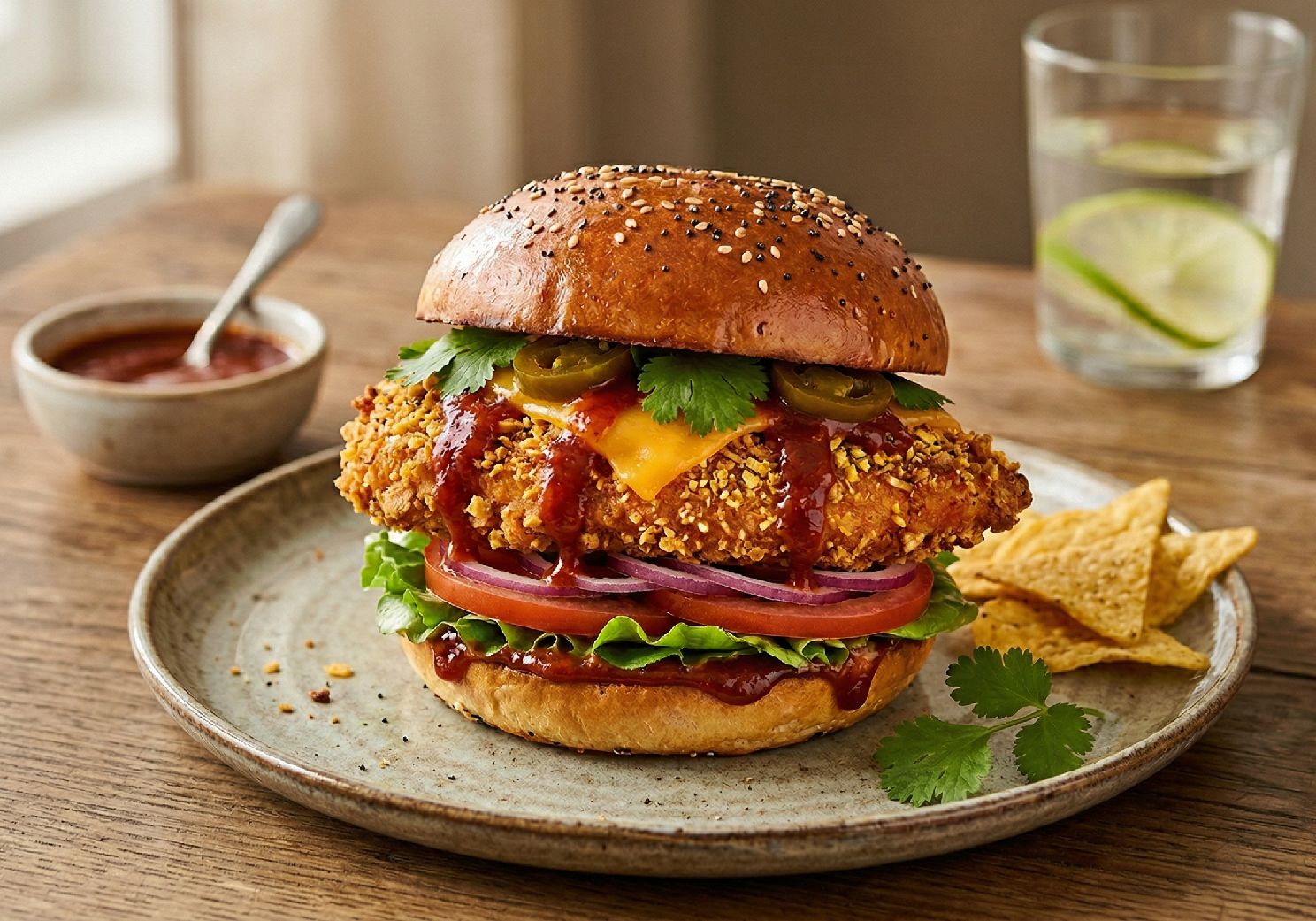 Pikanter Hähnchen-Tortilla-Burger